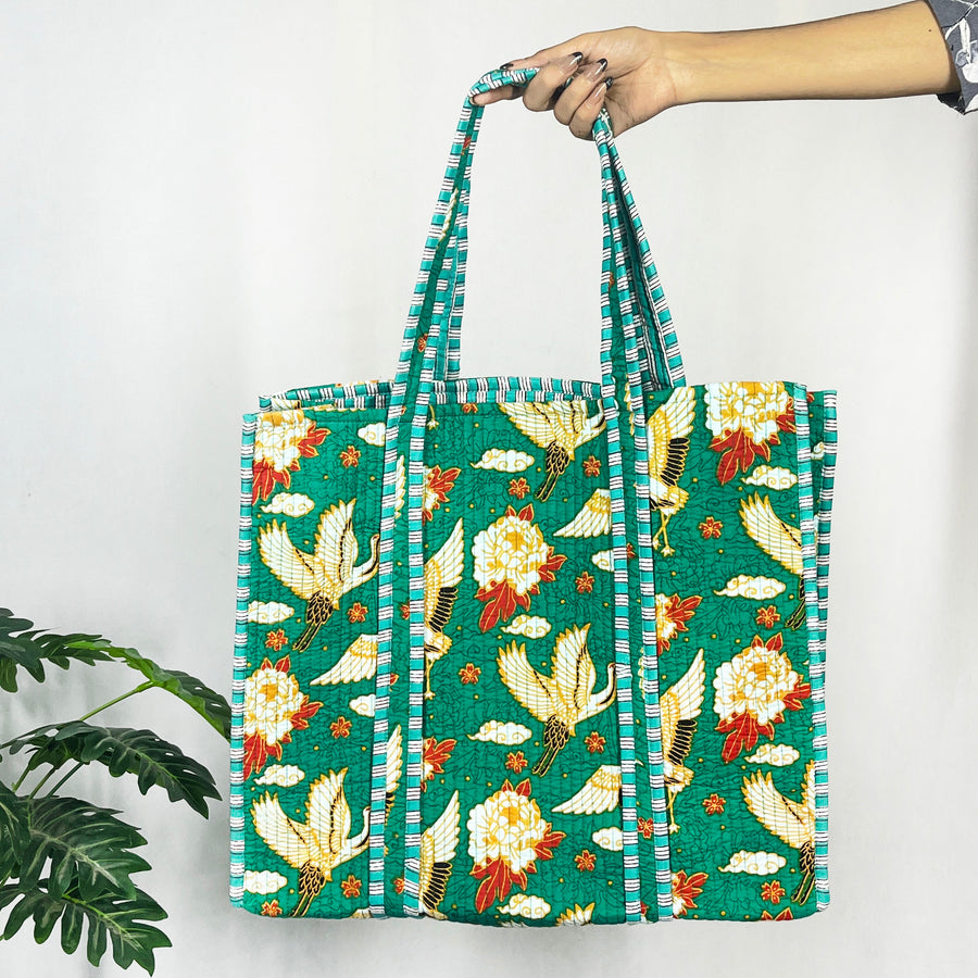 Charming Green Floral Bird Print Cotton Tote Bag - Eco-Friendly & Versatile for Every Occasion