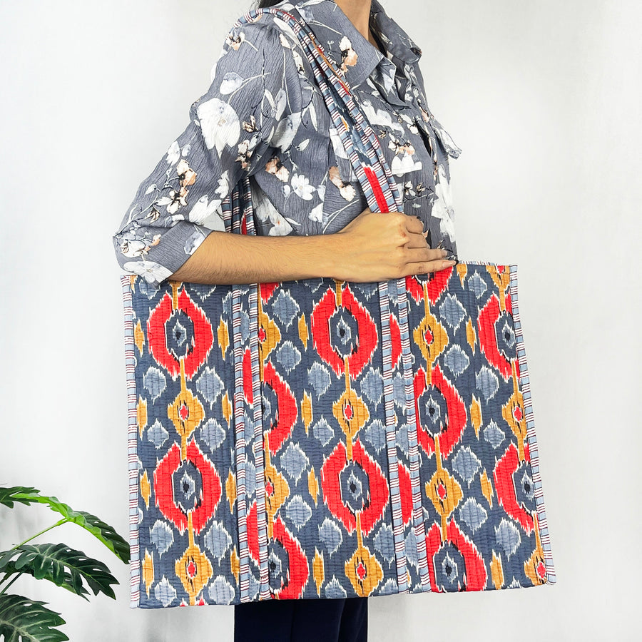 Elegant Grey Ikat Print Cotton Tote Bag - Eco-Friendly & Versatile for Every Occasion