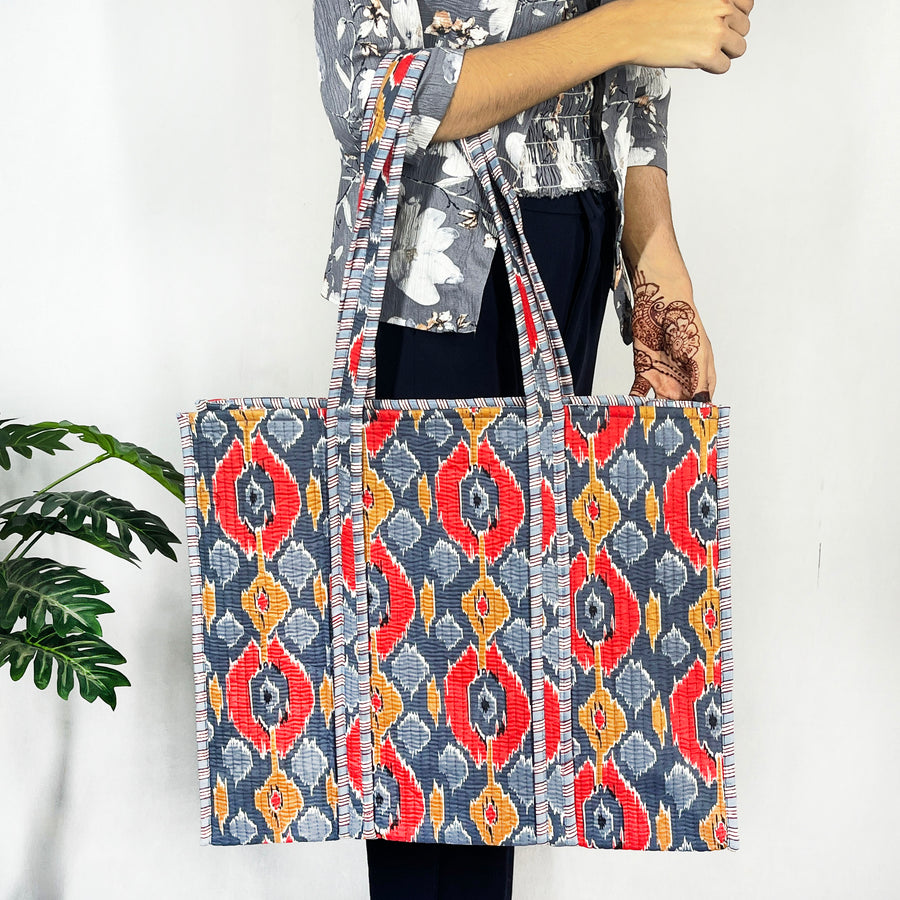 Elegant Grey Ikat Print Cotton Tote Bag - Eco-Friendly & Versatile for Every Occasion