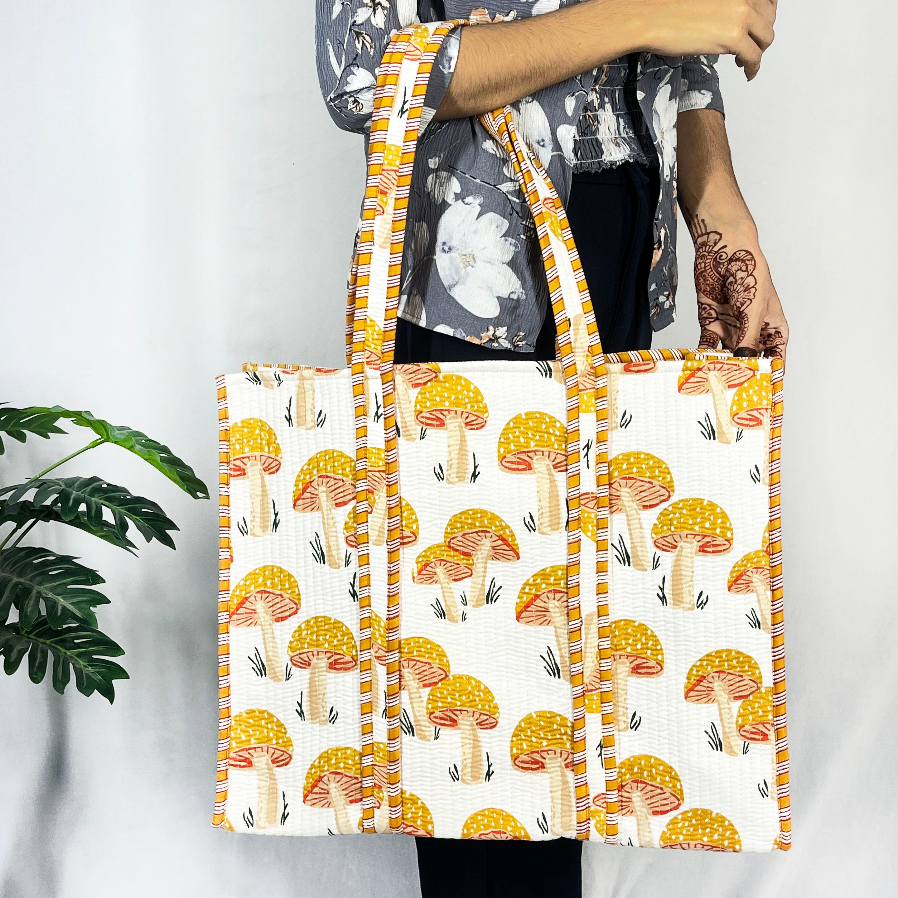 Charming Yellow Mushroom Print Cotton Tote Bag - Eco-Friendly & Versatile for Every Occasion