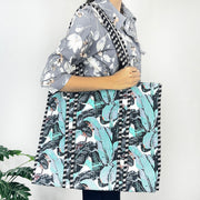 Grey & Sky Blue Banana Leaf Print Tote Bag – Eco-Friendly Cotton Essential for Shopping