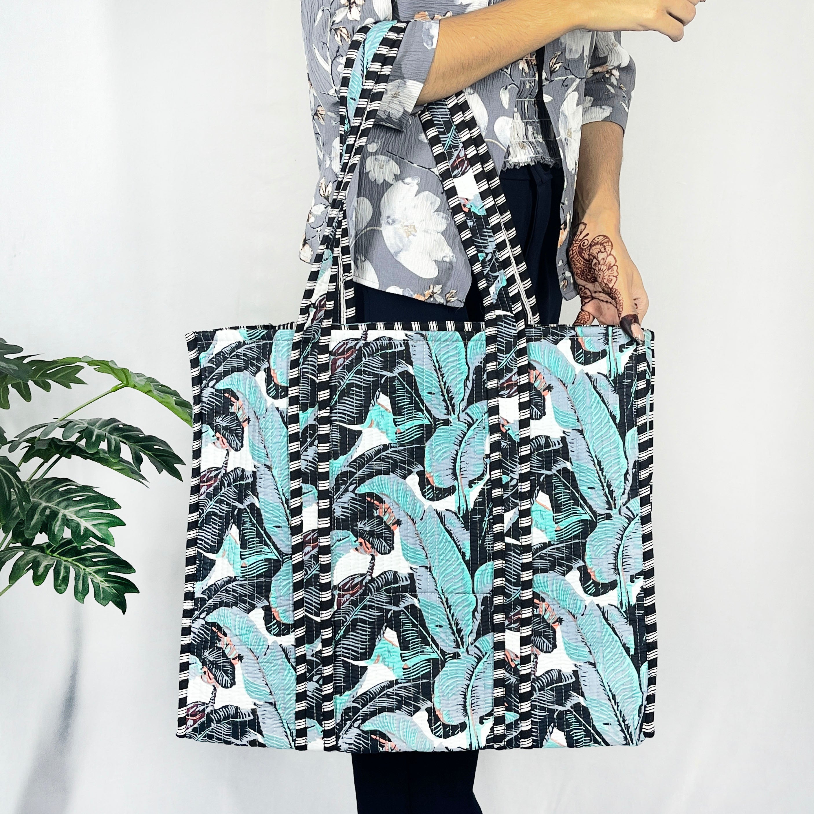 Grey & Sky Blue Banana Leaf Print Tote Bag – Eco-Friendly Cotton Essential for Shopping