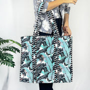 Grey & Sky Blue Banana Leaf Print Tote Bag – Eco-Friendly Cotton Essential for Shopping