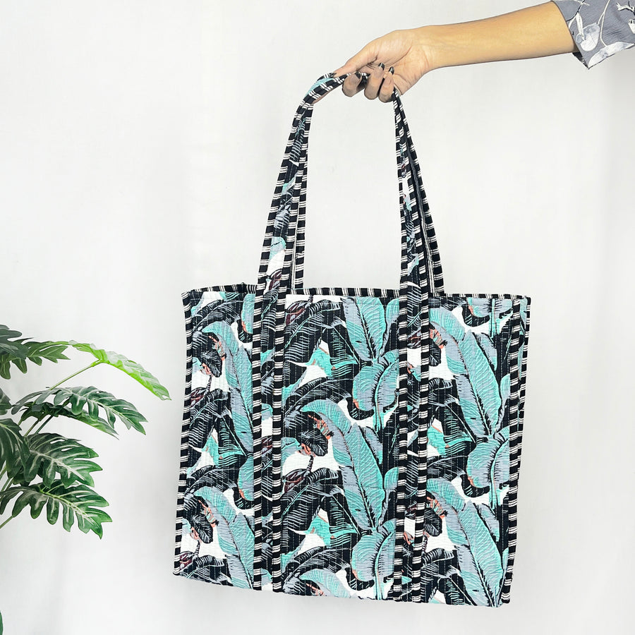 Grey & Sky Blue Banana Leaf Print Tote Bag – Eco-Friendly Cotton Essential for Shopping