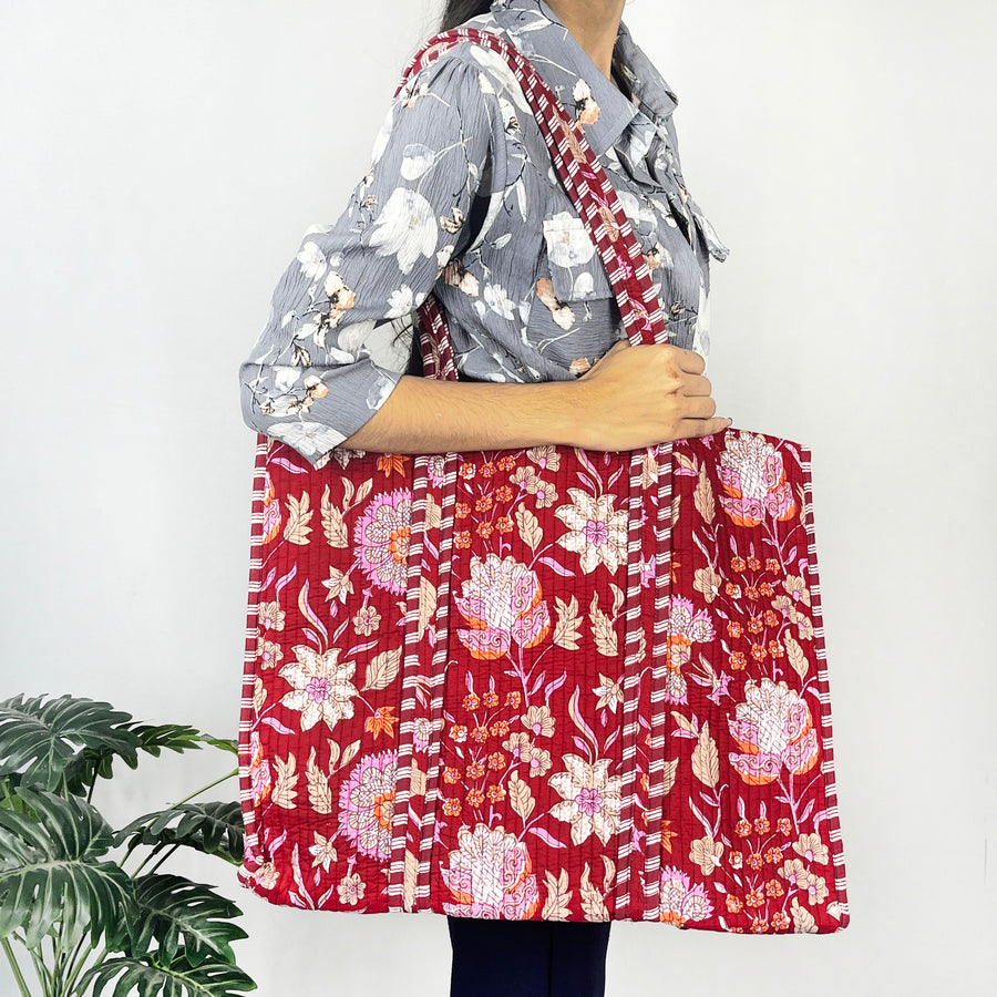 Red Floral Print Tote Bag 100% Cotton Shopping Bag