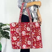 Red Floral Print Tote Bag 100% Cotton Shopping Bag