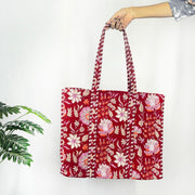 Red Floral Print Tote Bag 100% Cotton Shopping Bag