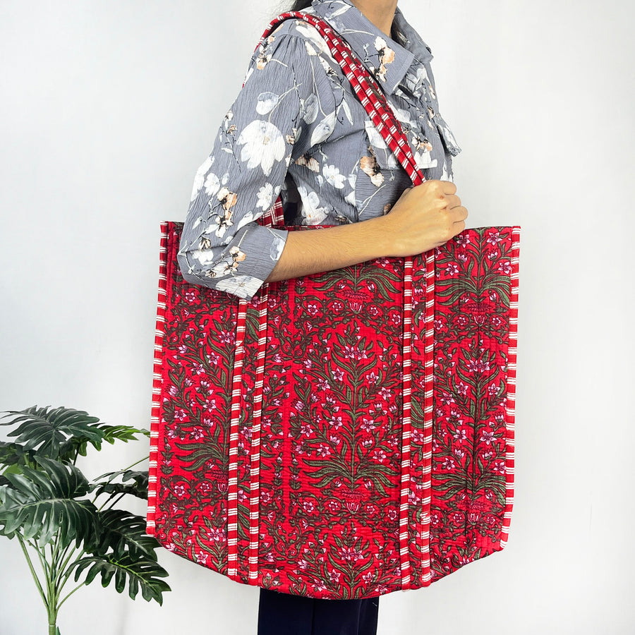 Red Green Floral Print Tote Bag – Eco-Friendly & Versatile for Every Occasion