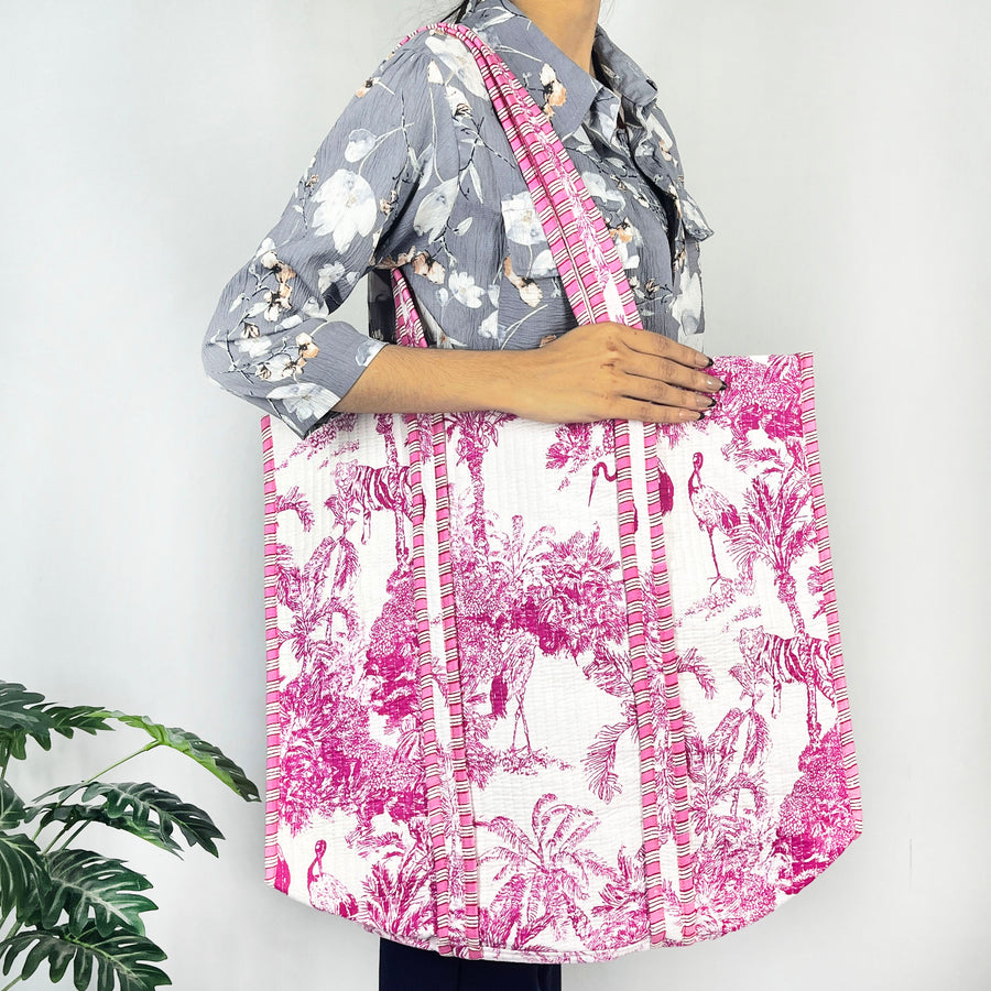 Charming Baby Pink Floral Print Tote Bag – Eco-Friendly & Versatile for Every Occasion