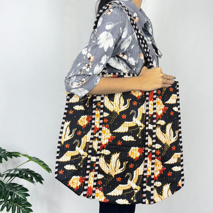 Black Bird Print Tote Bag 100% Pure Cotton, Multi-Purpose Eco-Friendly Bag