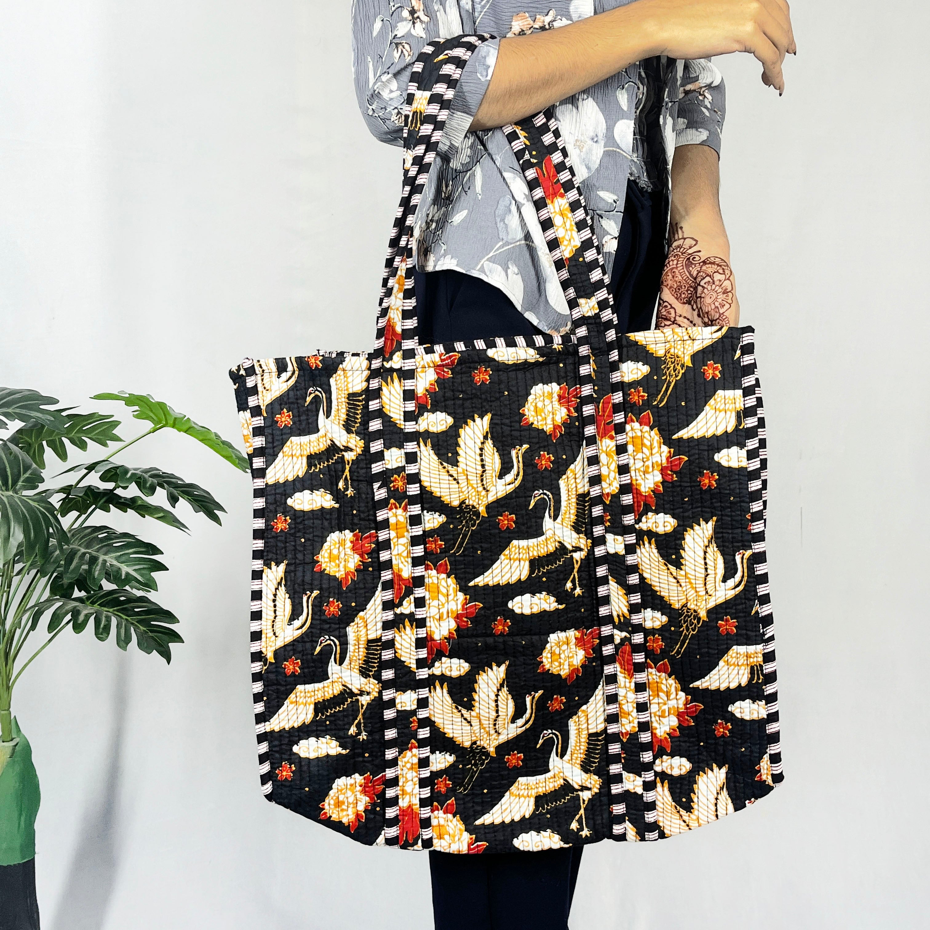 Black Bird Print Tote Bag 100% Pure Cotton, Multi-Purpose Eco-Friendly Bag