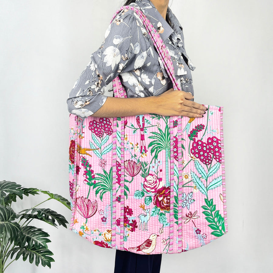 Cotton Tote Bags Quilted Shoulder Bags, Beautiful Handbag, Floral Print, Baby Pink Beach Bags