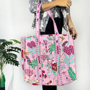 Cotton Tote Bags Quilted Shoulder Bags, Beautiful Handbag, Floral Print, Baby Pink Beach Bags