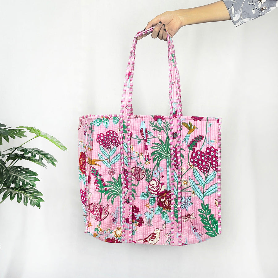 Cotton Tote Bags Quilted Shoulder Bags, Beautiful Handbag, Floral Print, Baby Pink Beach Bags