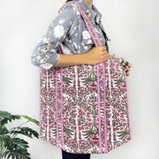 Traditional style Baby Pink Floral Print Tote Bag, 100% Pure Cotton, Eco-Friendly & Multi-Purpose Bag