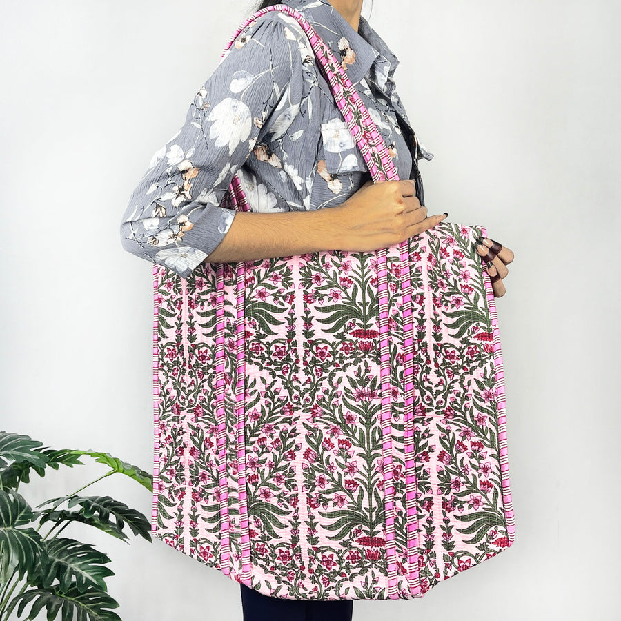 Traditional style Baby Pink Floral Print Tote Bag, 100% Pure Cotton, Eco-Friendly & Multi-Purpose Bag