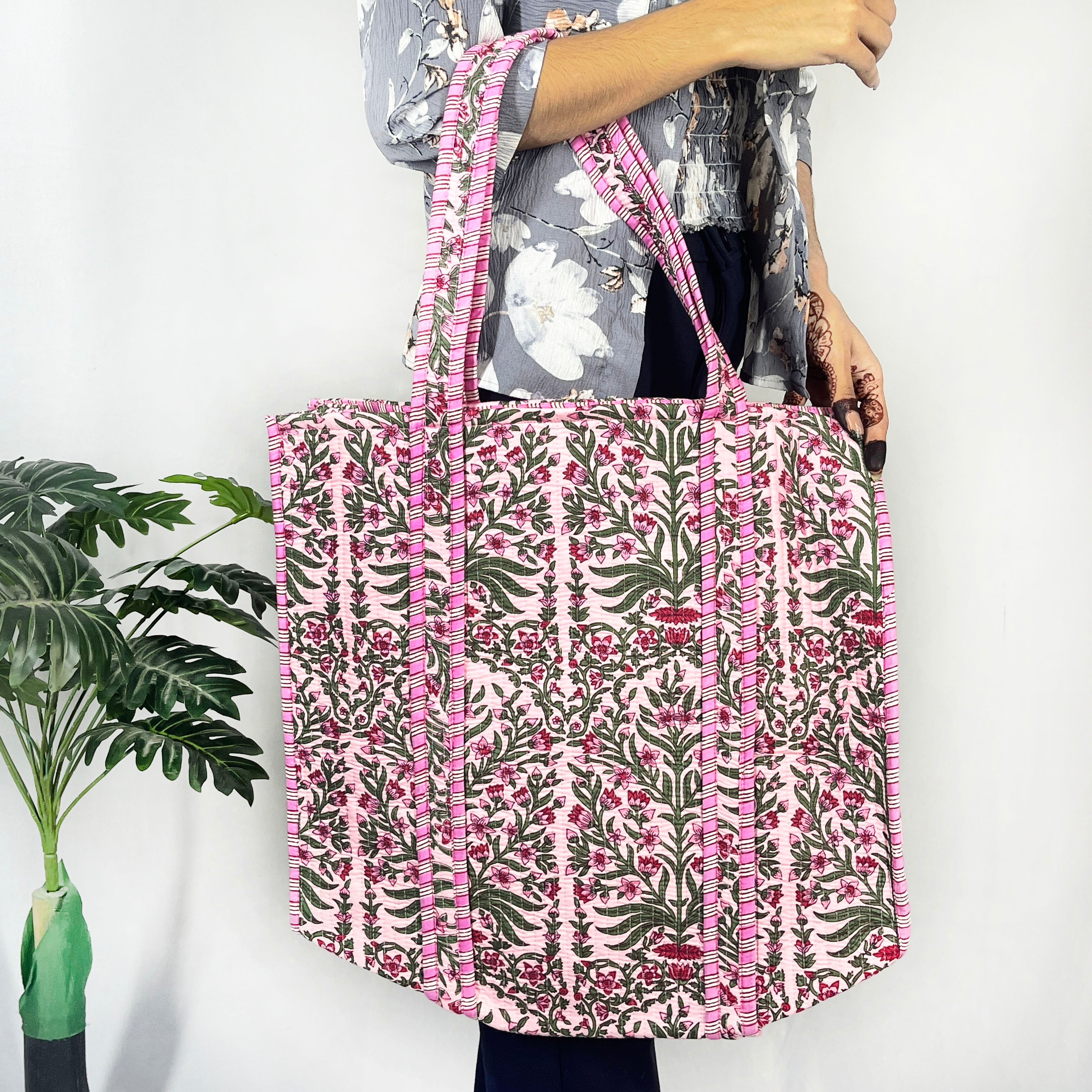 Traditional style Baby Pink Floral Print Tote Bag, 100% Pure Cotton, Eco-Friendly & Multi-Purpose Bag