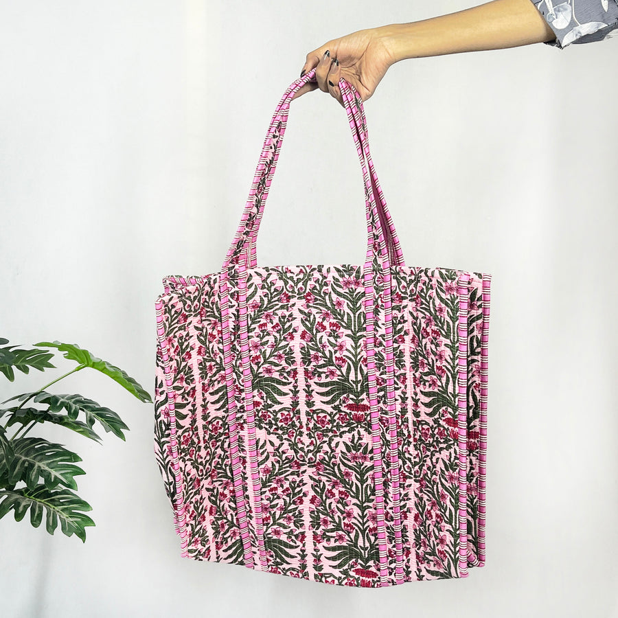 Traditional style Baby Pink Floral Print Tote Bag, 100% Pure Cotton, Eco-Friendly & Multi-Purpose Bag