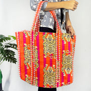 Eco-Friendly Cotton Quilted Tiger Print Shoulder Bags - Multi-Purpose Handbags