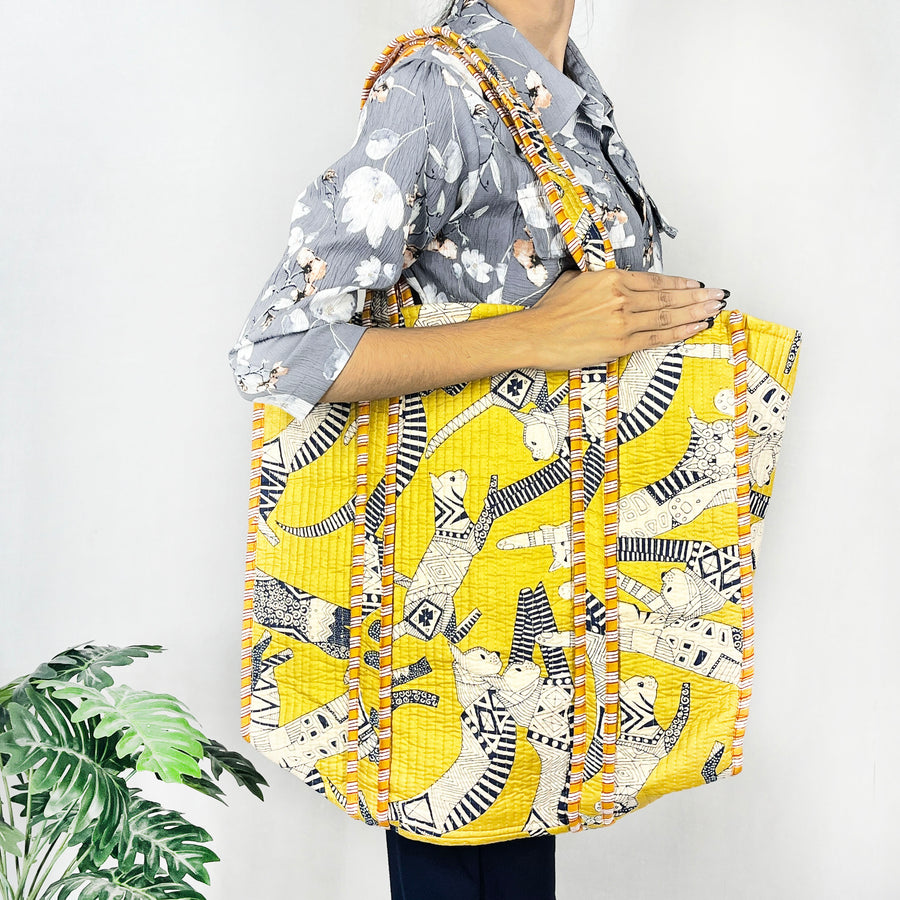 Cotton Quilted Shoulder Bags with a Yellow Cat Print, a stylish Tote Bag and Handbag