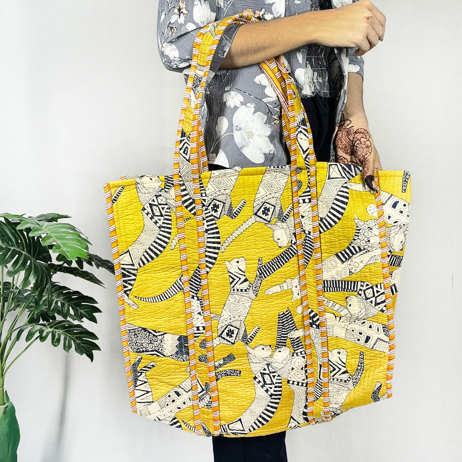 Cotton Quilted Shoulder Bags with a Yellow Cat Print, a stylish Tote Bag and Handbag