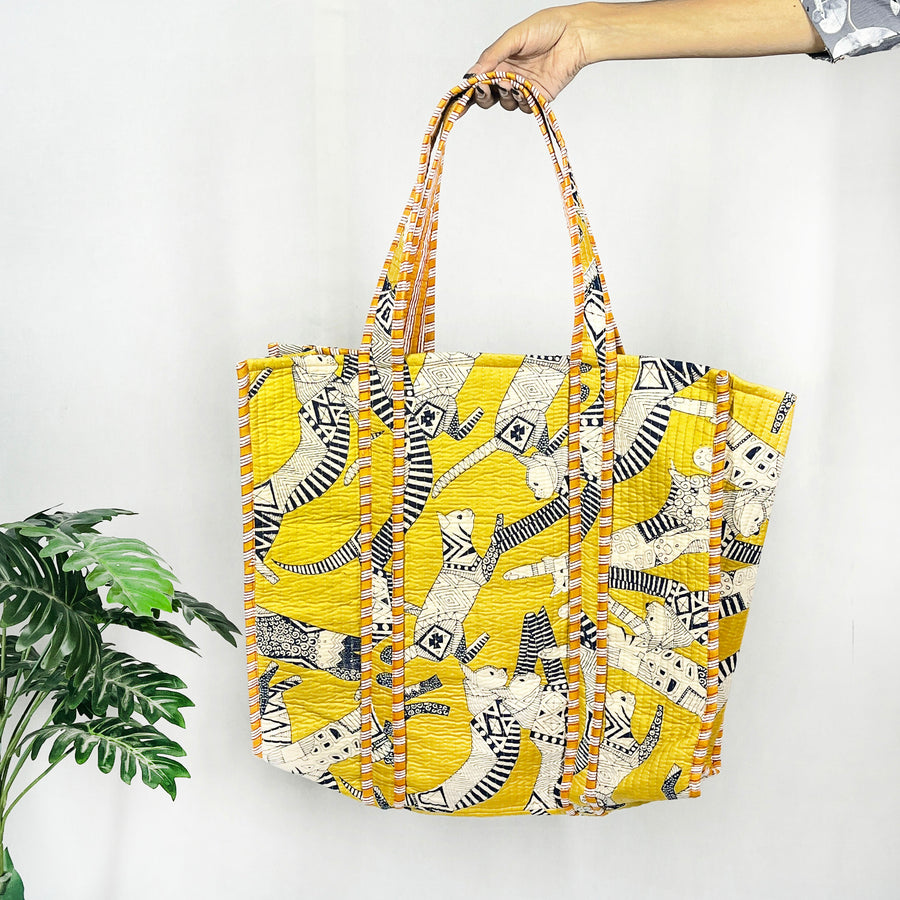 Cotton Quilted Shoulder Bags with a Yellow Cat Print, a stylish Tote Bag and Handbag