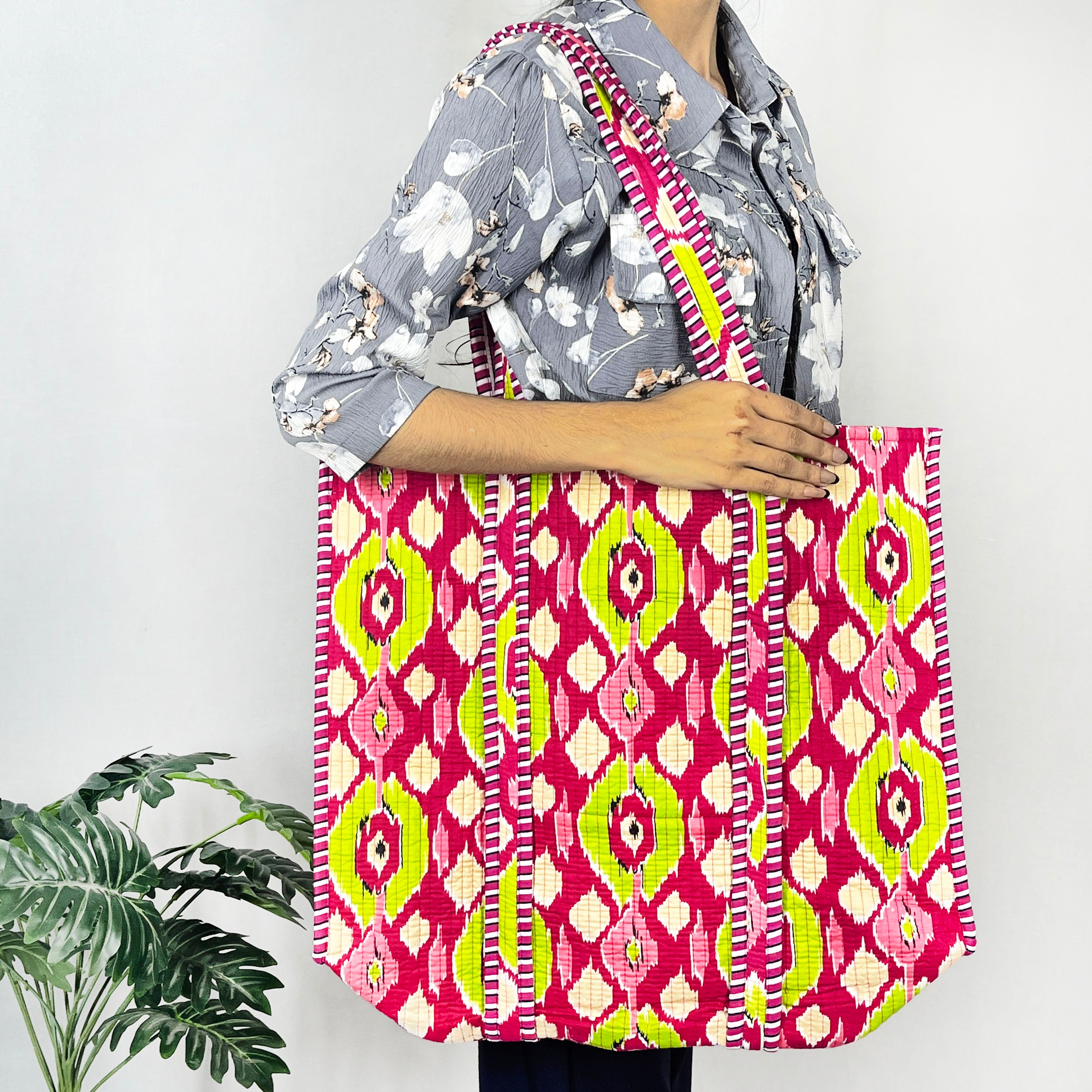 100% Cotton Ikat Tote Bag for Shopping, a Cotton Quilted Shoulder Bag