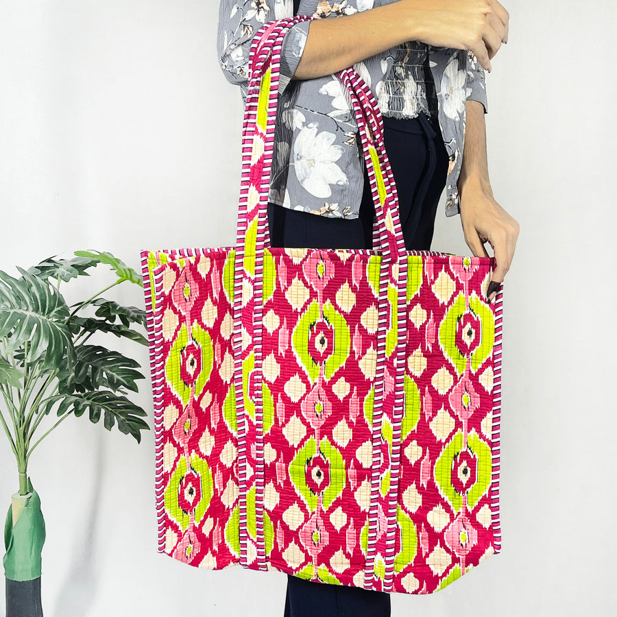 100% Cotton Ikat Tote Bag for Shopping, a Cotton Quilted Shoulder Bag