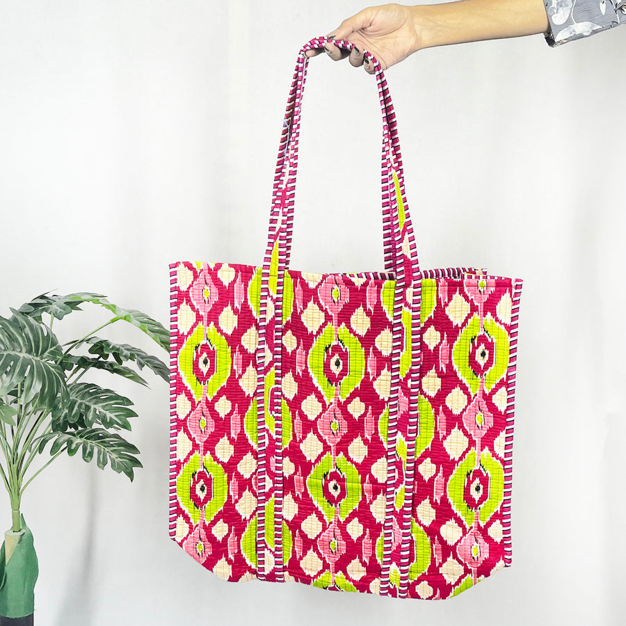 100% Cotton Ikat Tote Bag for Shopping, a Cotton Quilted Shoulder Bag