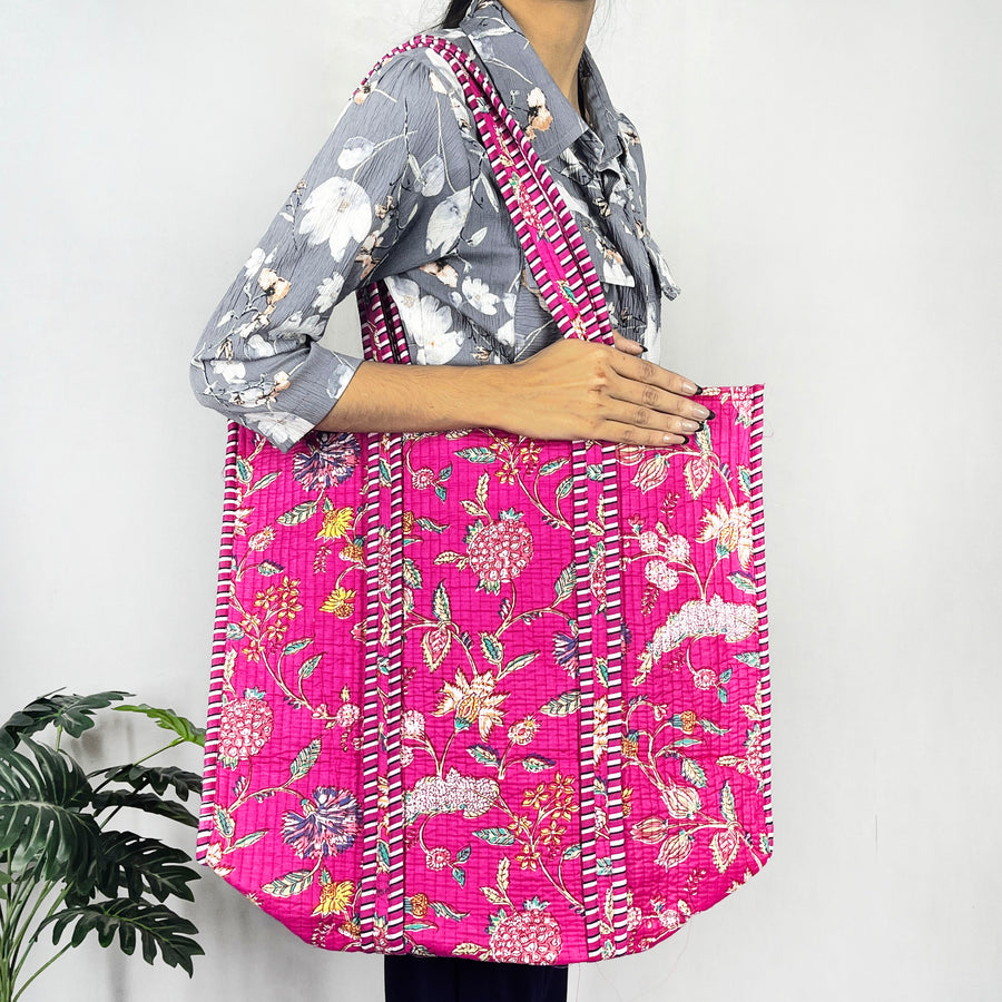 Floral Print Quilted Cotton Beach Bag, Pink Shoulder Bag, and Classic Handbag