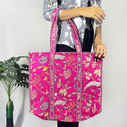 Floral Print Quilted Cotton Beach Bag, Pink Shoulder Bag, and Classic Handbag