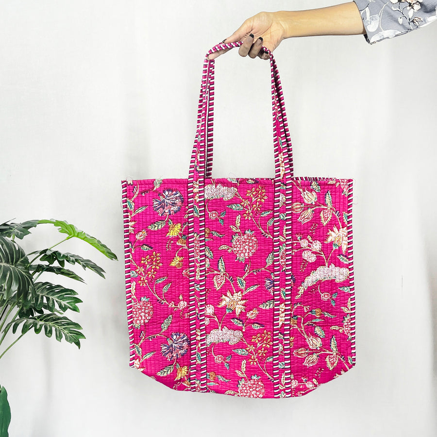 Floral Print Quilted Cotton Beach Bag, Pink Shoulder Bag, and Classic Handbag