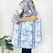 Blue Hand Block Print Tote Bag Perfect 100% Cotton Quilted Bag for Shopping