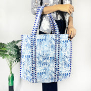 Blue Hand Block Print Tote Bag Perfect 100% Cotton Quilted Bag for Shopping