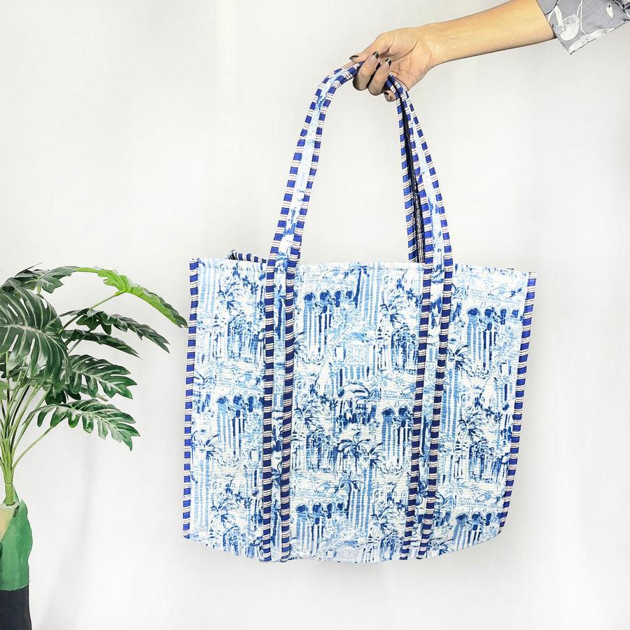 Blue Hand Block Print Tote Bag Perfect 100% Cotton Quilted Bag for Shopping