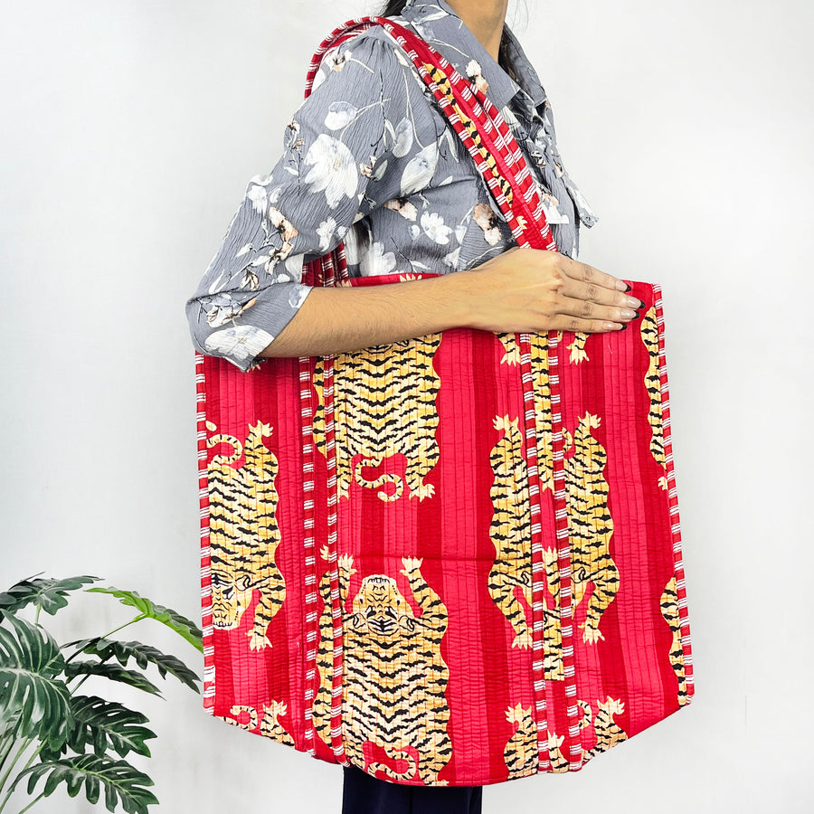 Red Tiger Print Handbag from Marika Textiles, Eco-friendly Quilted Cotton Tote Bags