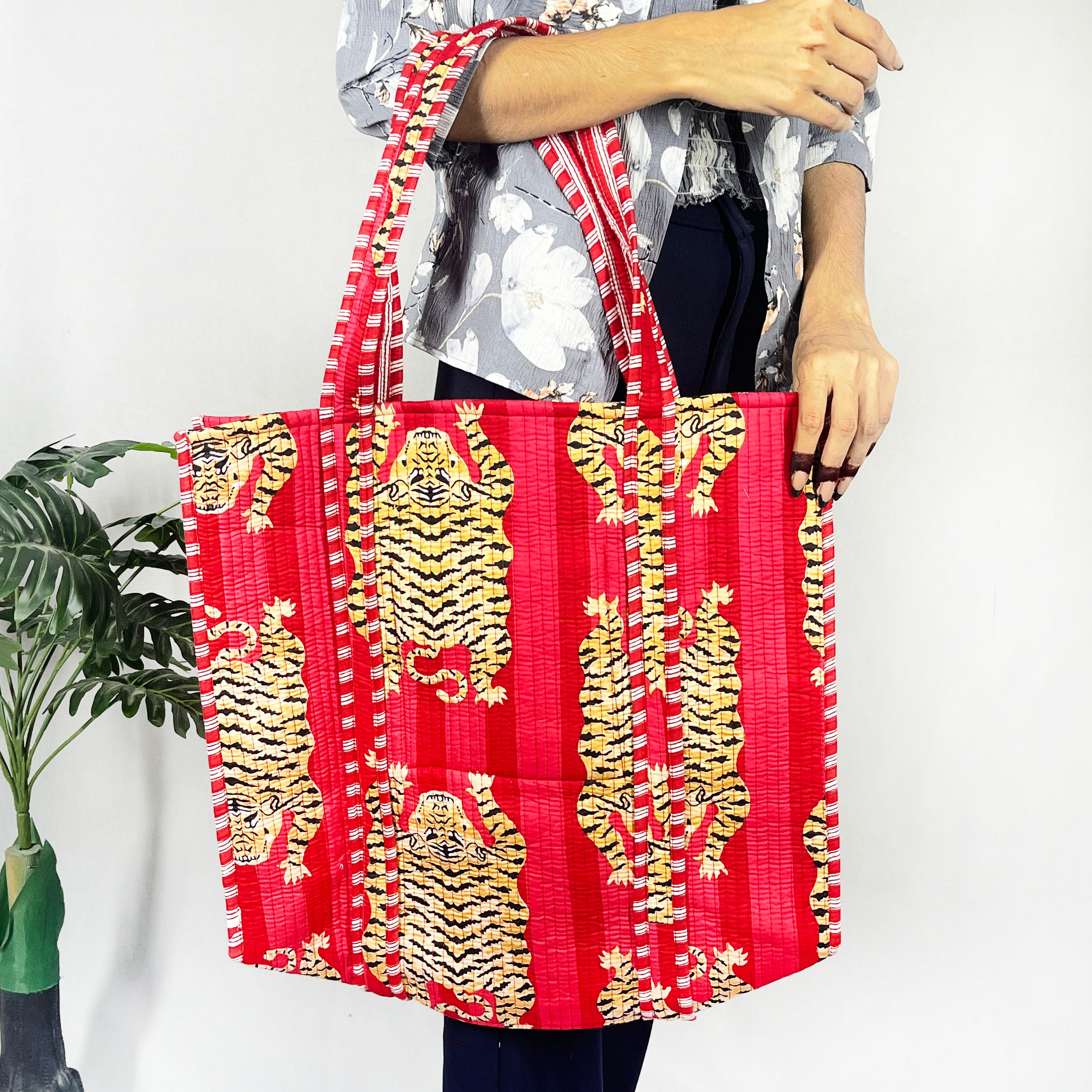 Red Tiger Print Handbag from Marika Textiles, Eco-friendly Quilted Cotton Tote Bags