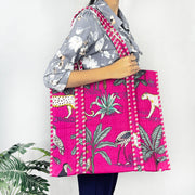 Eco-friendly Cotton Tote Bag with Pink Forest Print – Quilted Shoulder Bag for Shopping