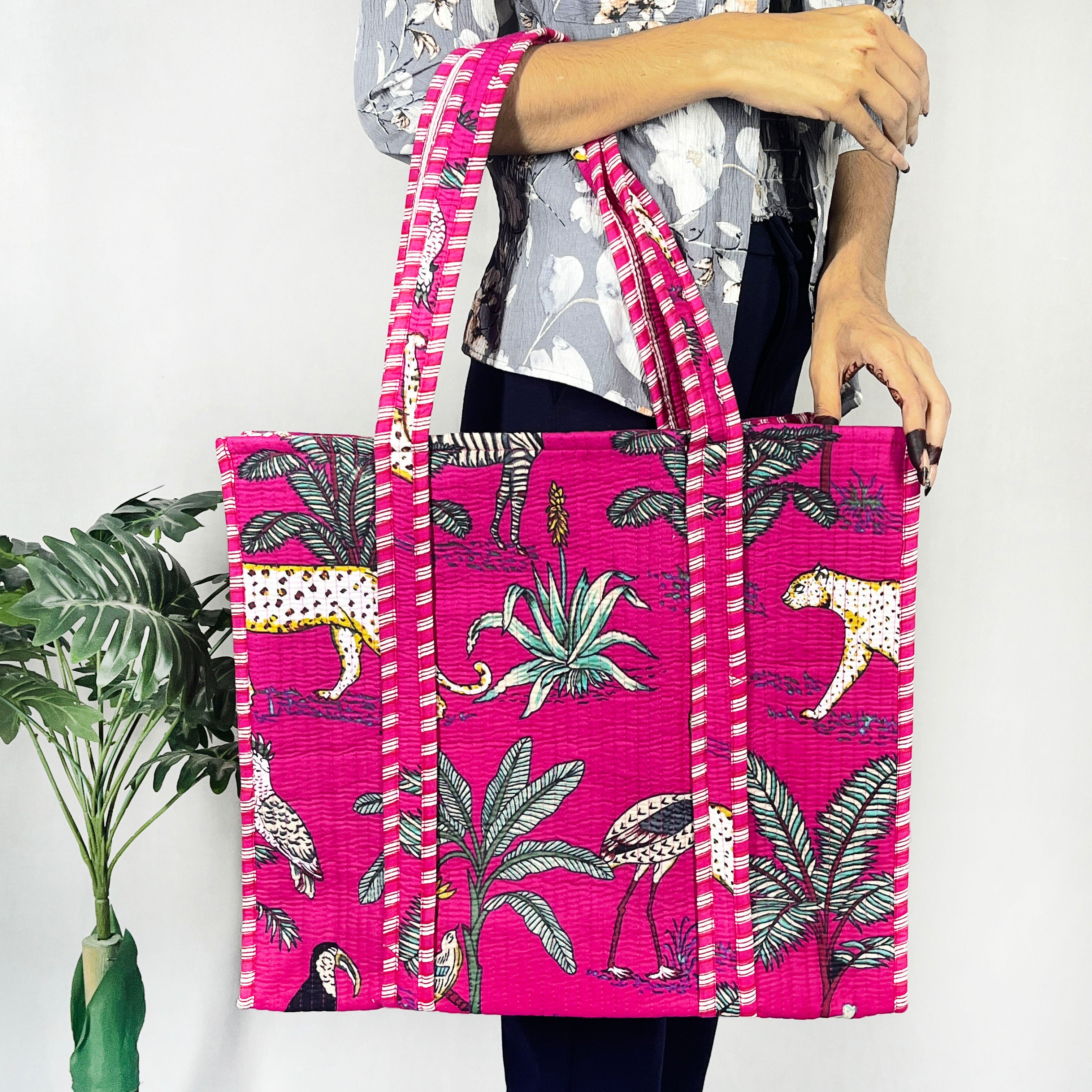 Eco-friendly Cotton Tote Bag with Pink Forest Print – Quilted Shoulder Bag for Shopping