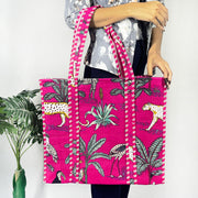 Eco-friendly Cotton Tote Bag with Pink Forest Print – Quilted Shoulder Bag for Shopping