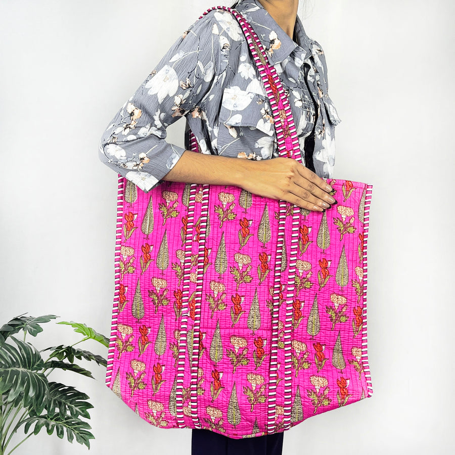 Floral Print Cotton Quilted Bag for Shopping Indian Handmade Bag, Women Shoulder Bag