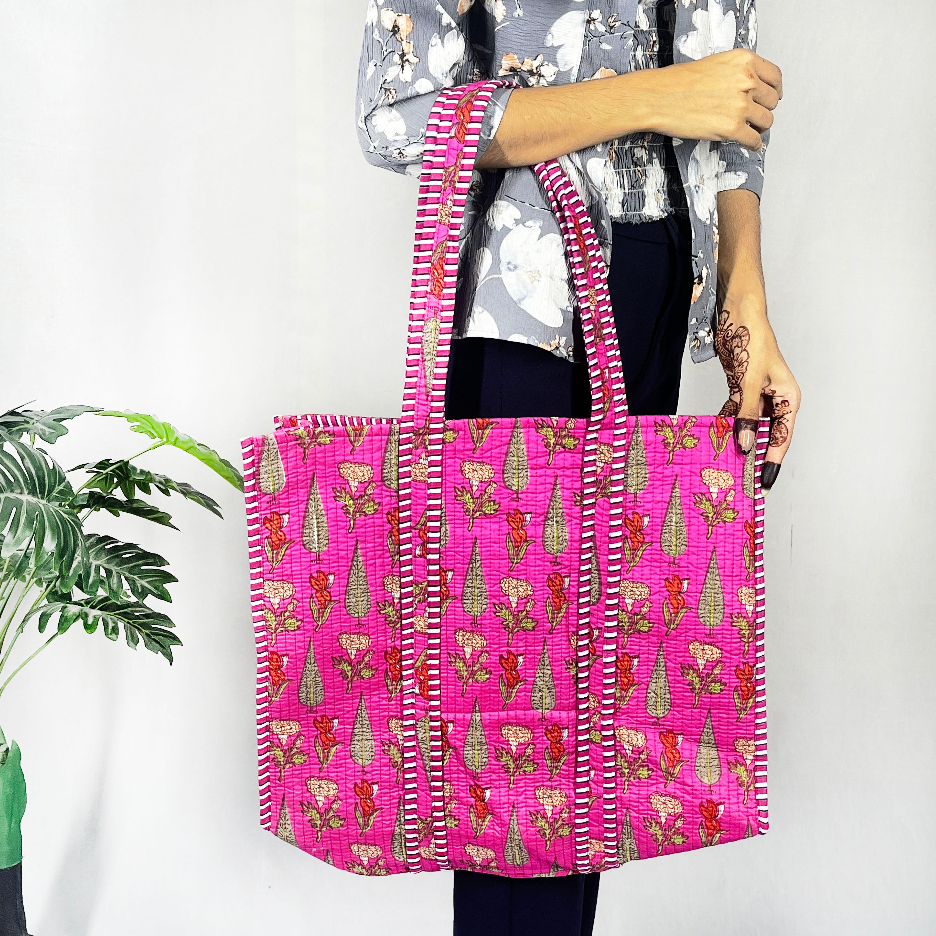 Floral Print Cotton Quilted Bag for Shopping Indian Handmade Bag, Women Shoulder Bag