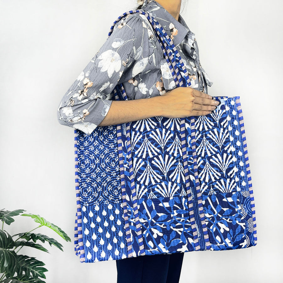 Handmade Cotton Blue Patch Print reversible Shopping Bag,Tote Bag,Large Shopping