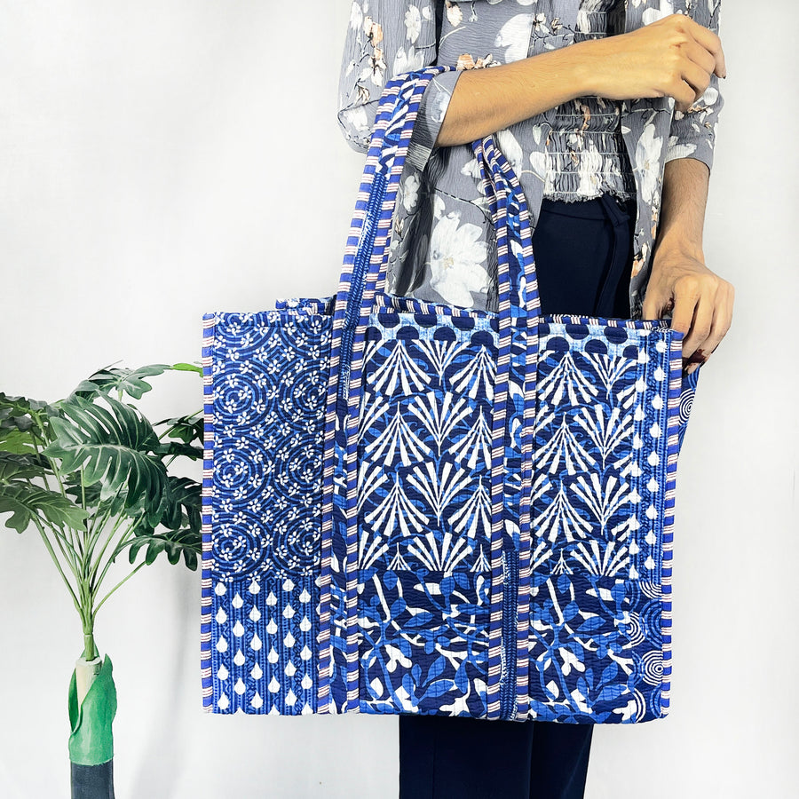 Handmade Cotton Blue Patch Print reversible Shopping Bag,Tote Bag,Large Shopping