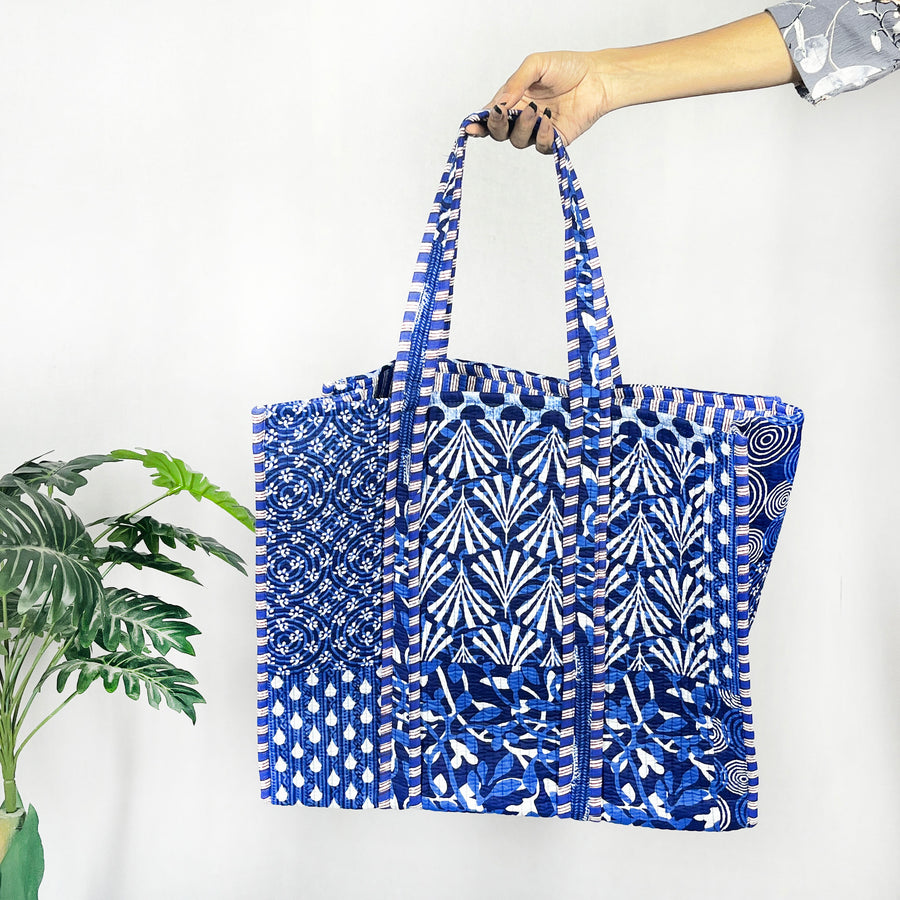 Handmade Cotton Blue Patch Print reversible Shopping Bag,Tote Bag,Large Shopping