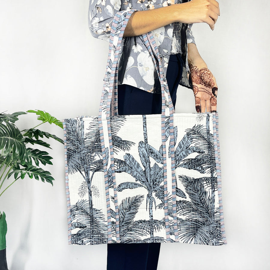 Quilted Cotton Reversible Grey White Tote Bag Eco friendly Shopping Bag, Handbag, Tree Print Tote Bag