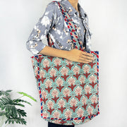 Handmade Cotton Green Floral Print reversible Shopping Bag, Large Shopping Bag