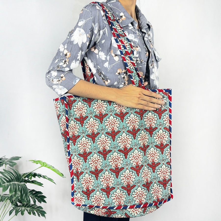 Handmade Cotton Green Floral Print reversible Shopping Bag, Large Shopping Bag