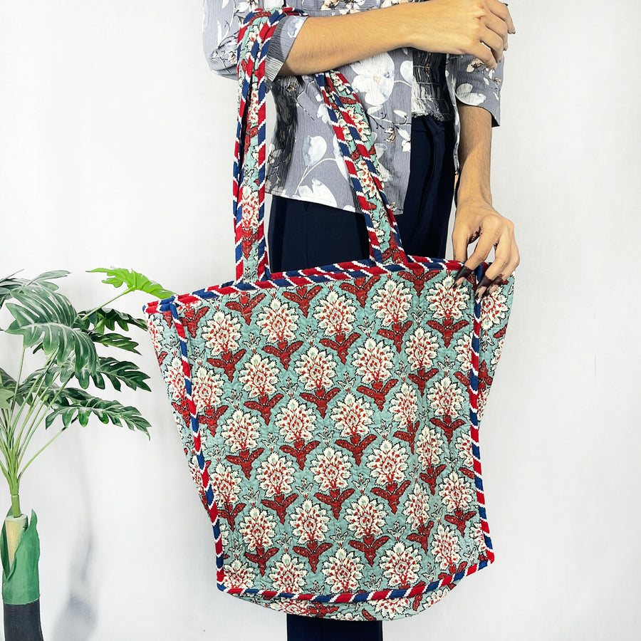 Handmade Cotton Green Floral Print reversible Shopping Bag, Large Shopping Bag