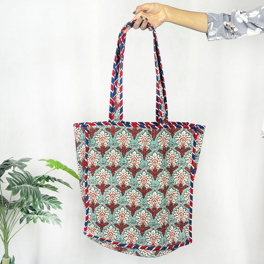 Handmade Cotton Green Floral Print reversible Shopping Bag, Large Shopping Bag